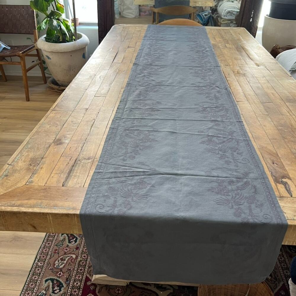 Williams Sonoma Table Runner Charcoal Grey Floral Embroidered Design Linen Blend
